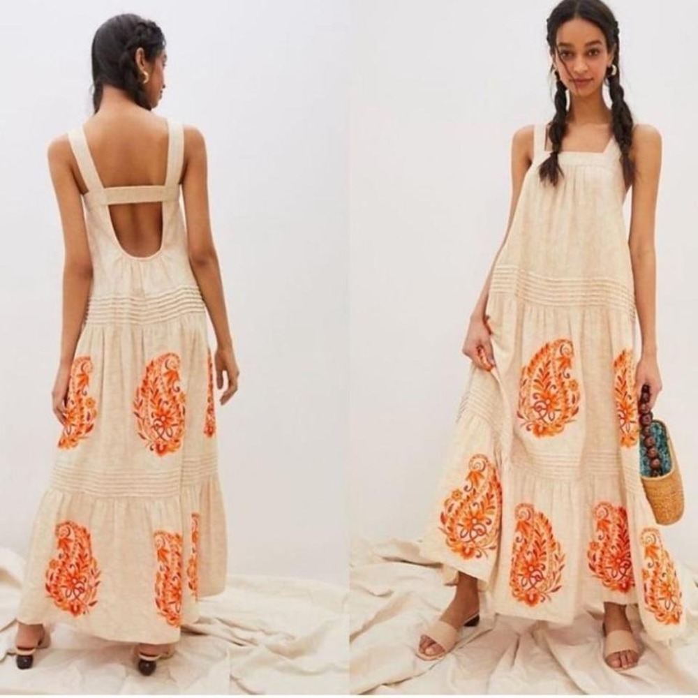 Anthropologie felicity embroidered cream orange maxi dress
